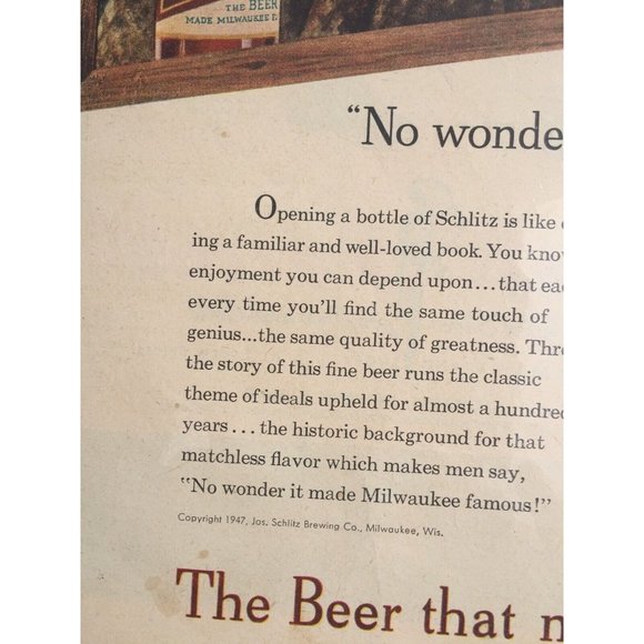 1947 Schlitz Beer Bottle "No Wonder It Made Milwaukee Famous!" Vintage Print Ad - Picture 3 of 4